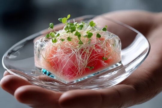 Innovative culinary dish served on a clear plate highlighted by microgreens and gelatin