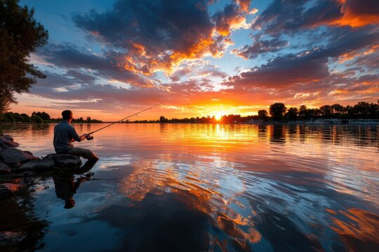 Fishing at sunset on a calm lake