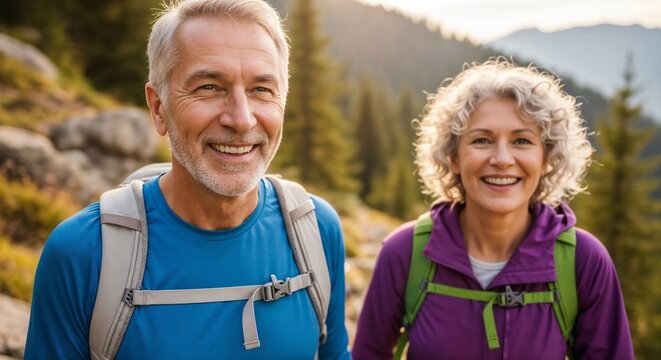 Smiling elderly couple enjoying hike in beautiful forest during golden hour. Happy couple dressed for outdoor adventure stands among trees and rocks.