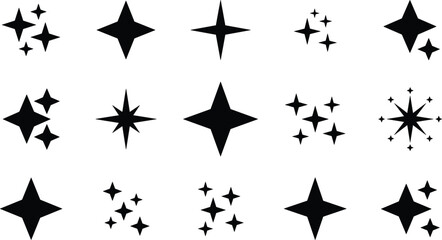 Sparkle and twinkle black star silhouettes icons set featuring magic glitter shining light effects vector elements.eps © MDACHIB