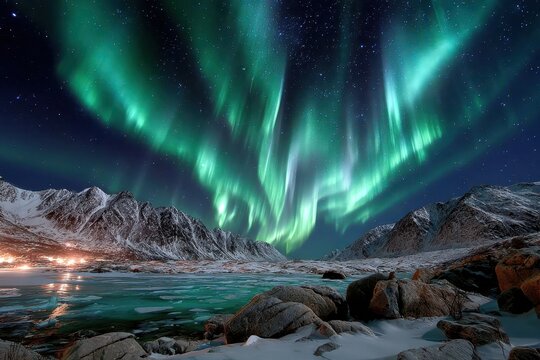 Frozen lake and mountains under the Aurora Borealis