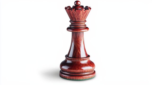 A detailed studio shot of a classic wooden chess queen isolated on a white background, symbolizing strategy and regal power