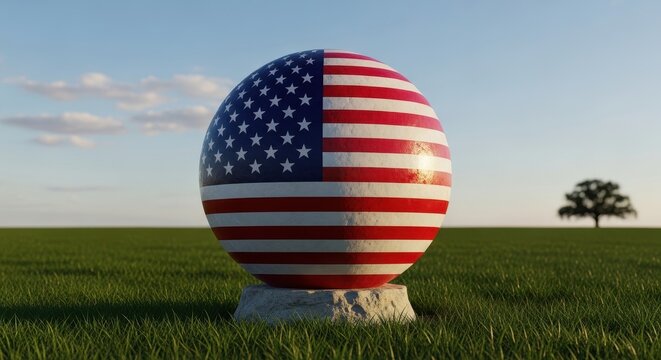 American flag sphere in green field with tree.
