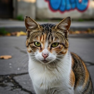 Alert tabby cat sitting on urban pavement.