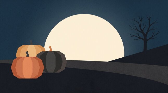 Flat design Halloween background with three pumpkins under full moon