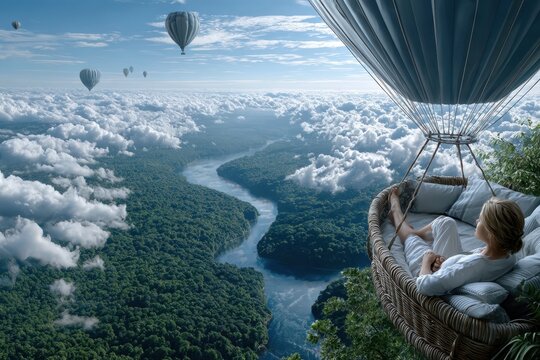 Hot air balloons float over a lush landscape with a serene view from a cozy pod