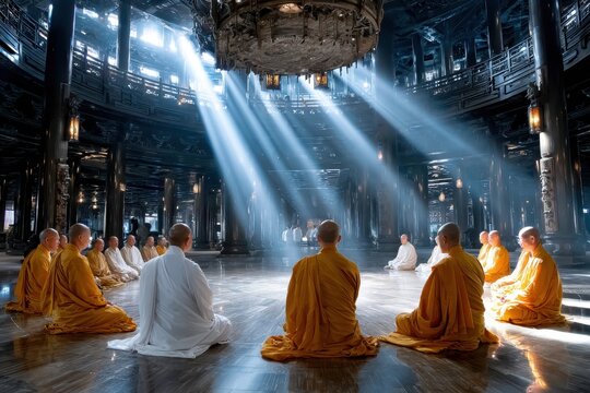 Monks in orange and white robes meditate in a circular formation inside a grand temple