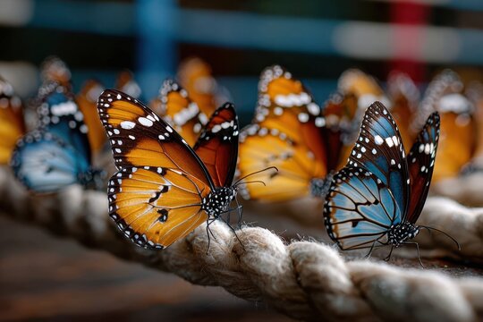 Colorful butterflies resting on a rope in a vibrant natural setting during daylight