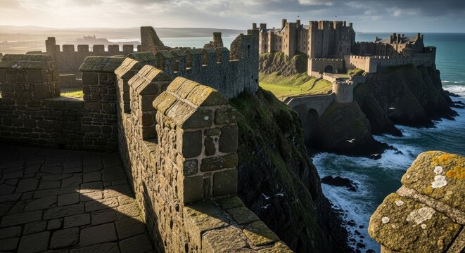 Ancient Castle Ruins Overlooking Stormy Ocean Cliffs.