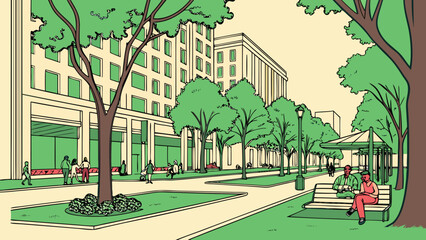 People relaxing in a modern urban city square with trees relaxing architecture © alam
