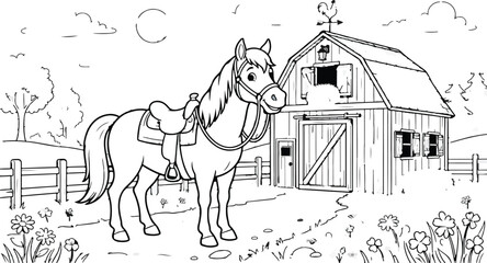 Horse and barn coloring page detailed line art for kids and equestrian enthusiasts