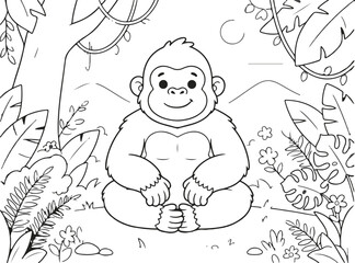 Charming gorilla illustration in jungle setting black and white line art for kids