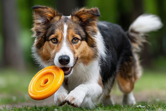 Happy dog plays fetch with orange frisbee in sunny park during afternoon