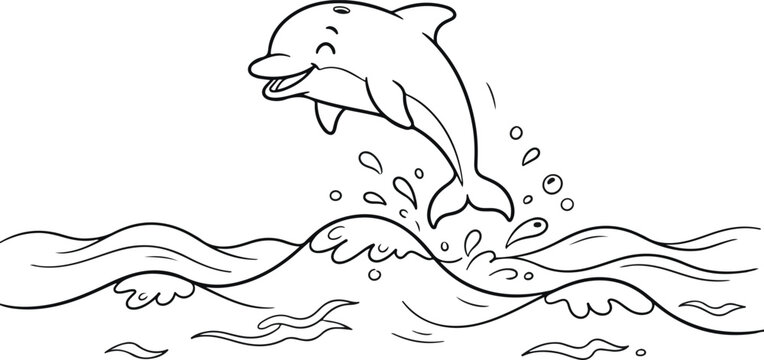 Leaping dolphin line art black and white illustration for children's decor and ocean themes