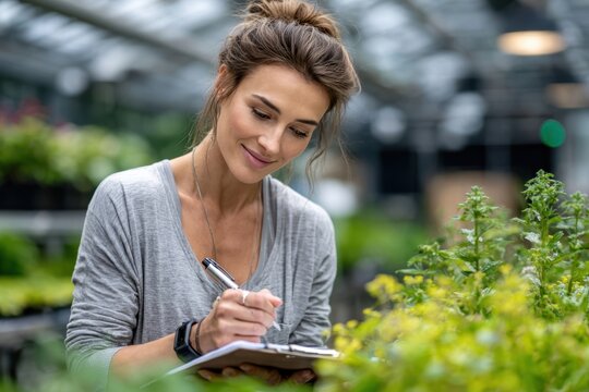 Woman taking notes while working in a greenhouse surrounded by various plants