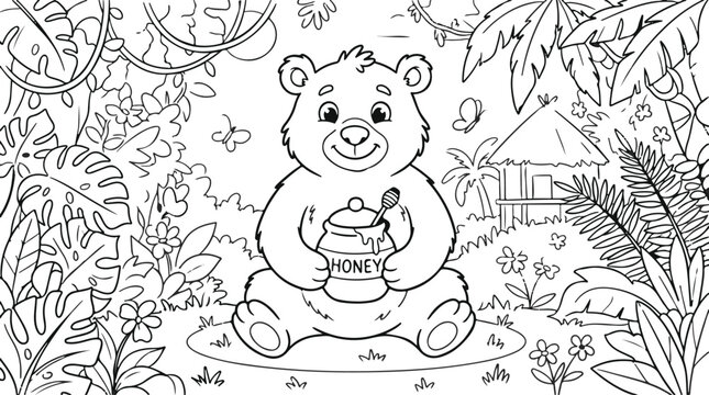 Charming bear with honey pot in forest line art for kids coloring pages
