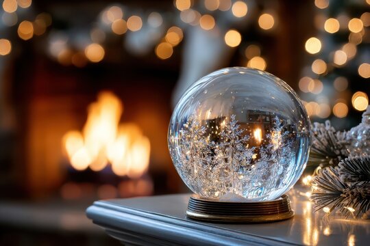 Glowing snow globe with winter scene on mantelpiece by cozy fireplace