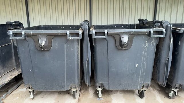 Large gray industrial waste bins with wheels lined up in row, commercial dumpsters with open lids, waste management containers, garbage disposal, recycling facility