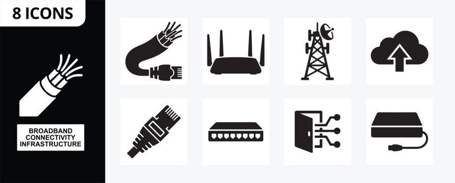 Broadband Connectivity Infrastructure Silhouette Icon Set