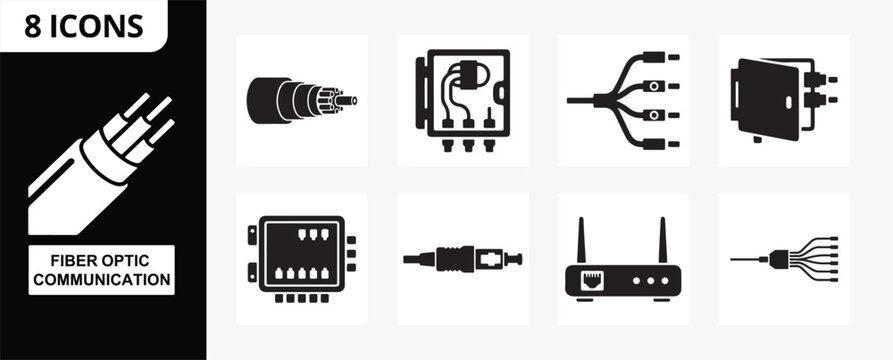 Fiber Optic Communication Silhouette Network Icon Set