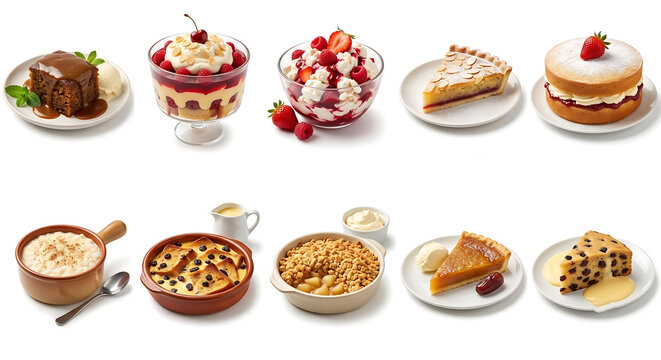 British Dessert Collection &ndash; 10 Traditional Desserts Isolated on White Background