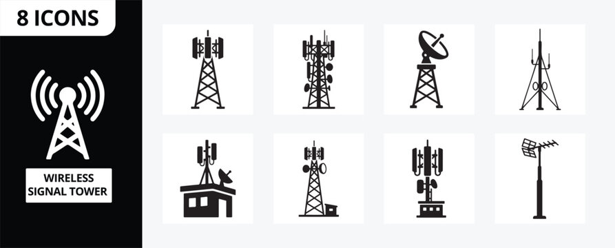 Wireless Signal Tower Silhouette Communication Icon Set