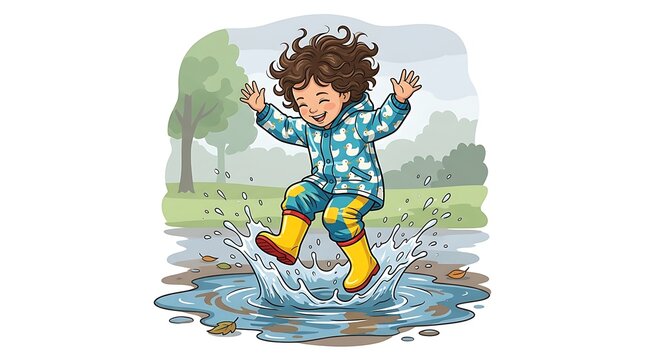 Cheerful kid in yellow boots splashing in a rainwater puddle