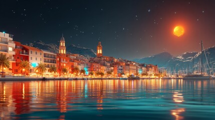 Naklejka premium Scenic Night Harbor View with Illuminated Coastal Town and Reflective Water