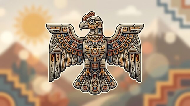 Stylized eagle totem with ancient indigenous geometric patterns