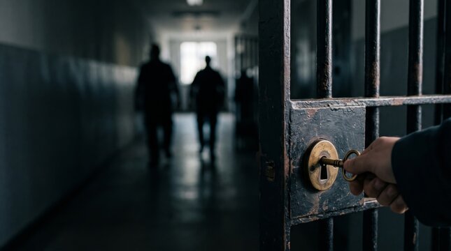 Close view of unlocking a prison cell door with key, symbolizing justice, security, freedom and criminal justice