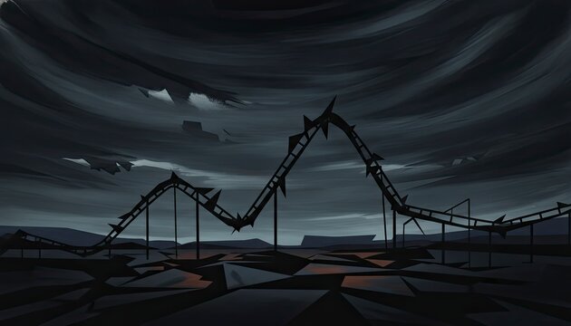 Abandoned roller coaster silhouette against a stormy sky