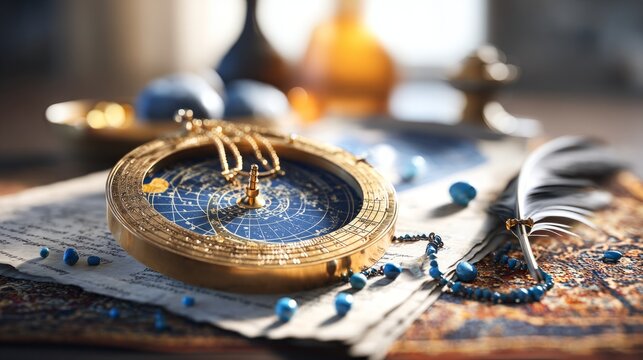 Astrological Chart and Celestial Objects on a Table for Zodiac Reading