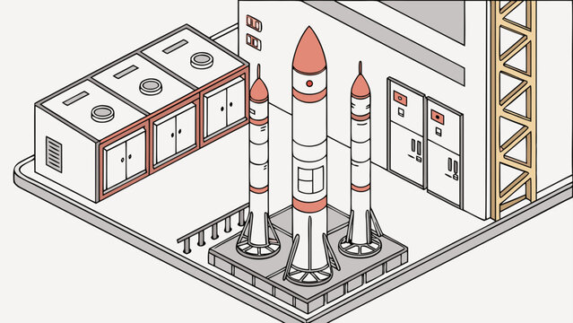 Isometric launch pad with three rockets before takeoff facility isometric