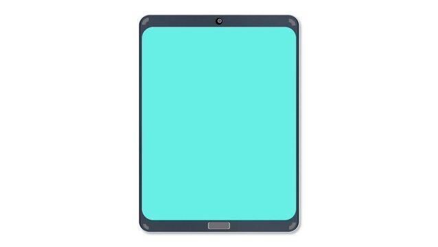 A high-angle flat lay illustration of a generic digital tablet with a blank teal screen, isolated on a clean white background.