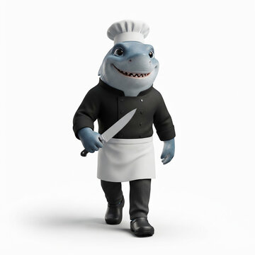 Cute 3D Shark Chef Walking on White Background