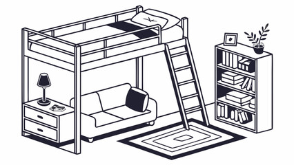 Modern loft bedroom interior with bunk bed sofa and bookshelf, furniture © mim
