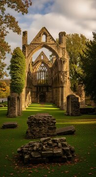 Ancient Abbey Ruins in Autumn Landscape with Gravestones.