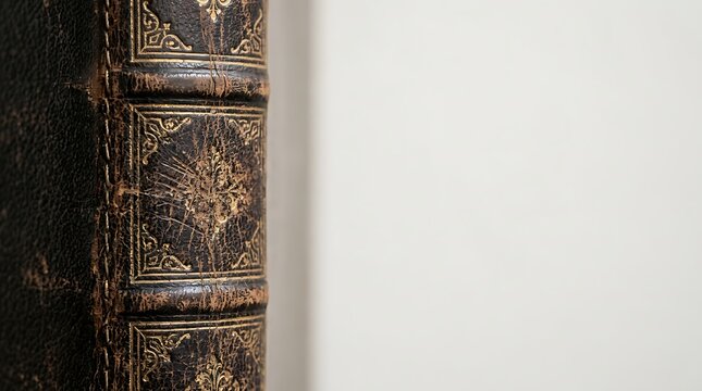 Spine of an antique leather book with gold ornamentation