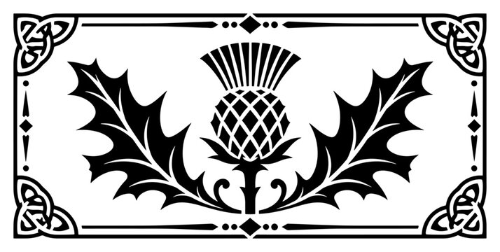 Scottish thistle symbol with spiky leaves and celtic knot frame in heraldic style