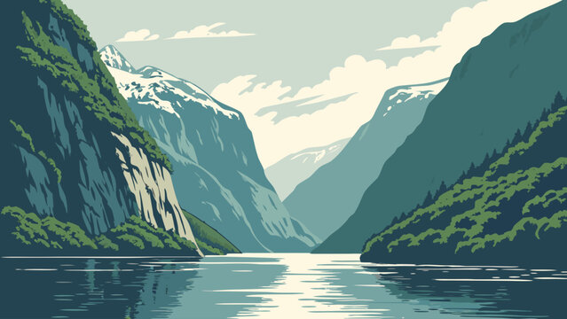 Scenic fjord landscape with steep mountain cliffs and calm deep water, mountain