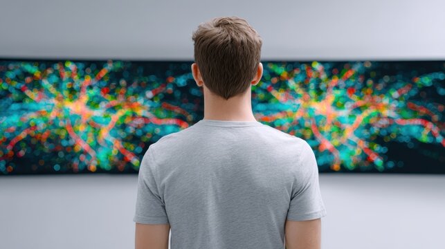 Young man looking at digital data visualization screen