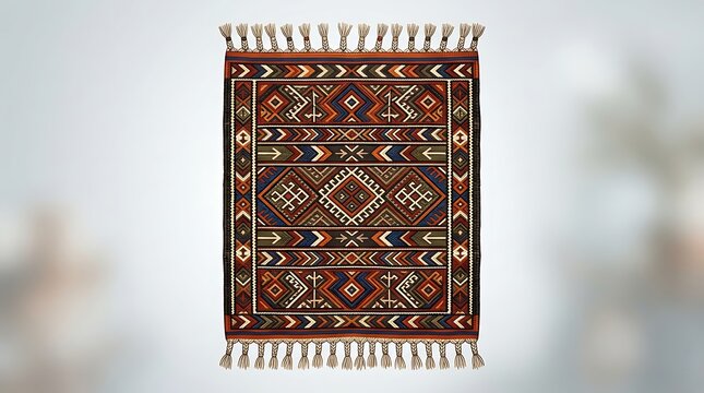 Traditional kilim rug with geometric tribal patterns and fringes