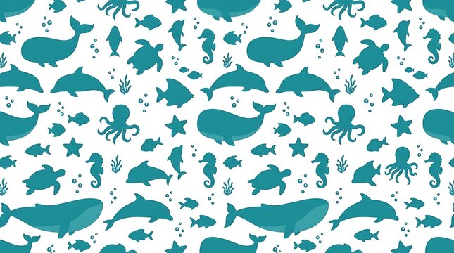 Seamless sea creature silhouettes pattern on white background