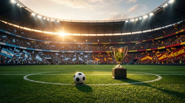 Golden championship trophy and soccer ball on stadium pitch