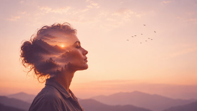 Dreamy Double Exposure Profile Peaceful Portrait of Positive Woman Traveller with Mountain Landscape at Sunset. Psychology mental health and mindfulness positive mindset of modern woman.
