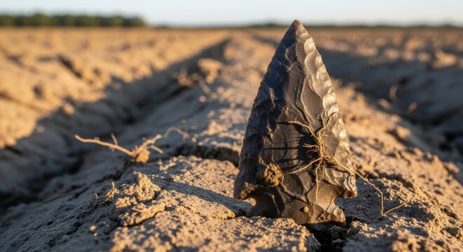 Ancient Arrowhead in Dry Soil Field.