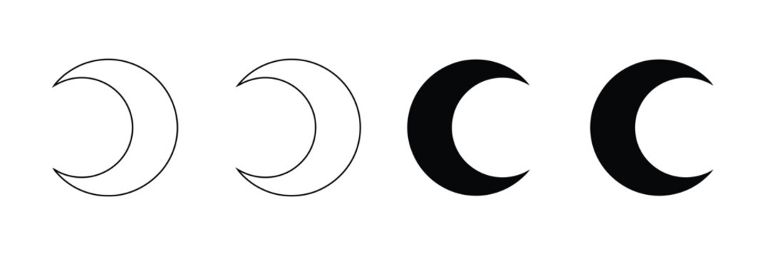 Moon Icon Set with Crescent, Lunar Phase and Moon Silhouette Symbols in Black Glyph Vector Style