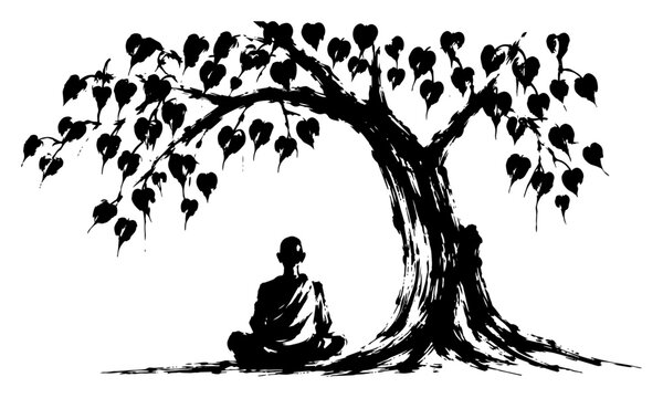 Monk sitting in meditation under a sacred bodhi tree in zen brush style