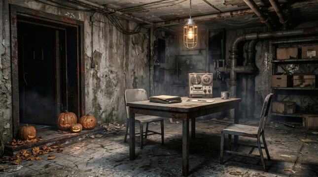 Dilapidated underground room with metal table and vintage tape recorder amidst autumn leaves and spooky pumpkins.