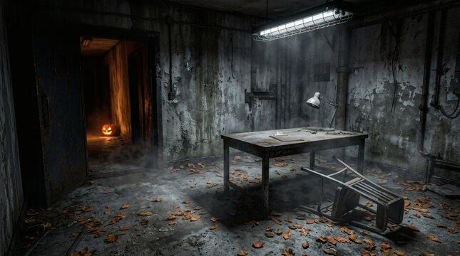 Dimly lit abandoned basement office with overturned chair and glowing halloween jackolantern in doorway.
